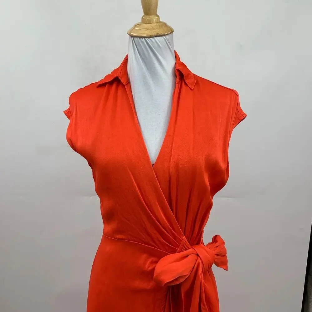 Maeve Dress Womens XS Extra Small Coral Open Back Satin Faux Wrap Tie Waist Midi